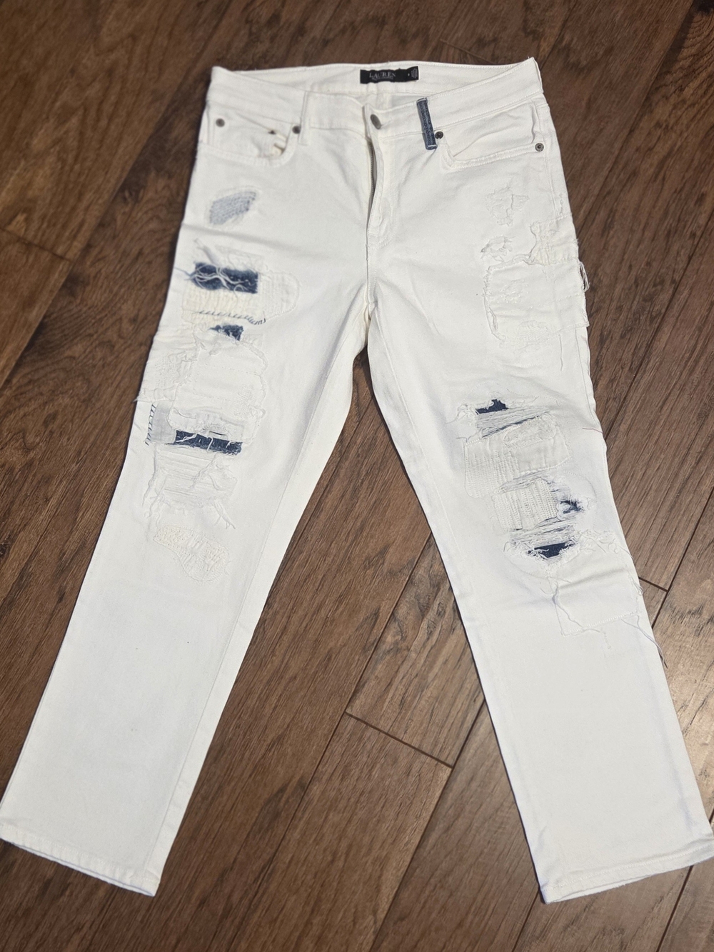 Lauren Ralph Lauren White Distressed Straight-Leg Jeans with Navy Underlay